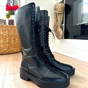 ZARA HIGH SHAFT LACE UP LOW HEEL COMBAT BOOTS — BLACK